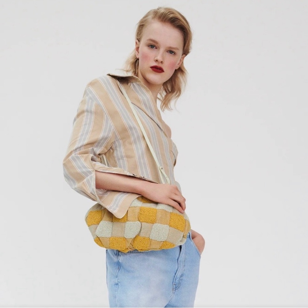 ZARA Yellow and Cream Beaded Gingham Crossbody/Shoulder Bag